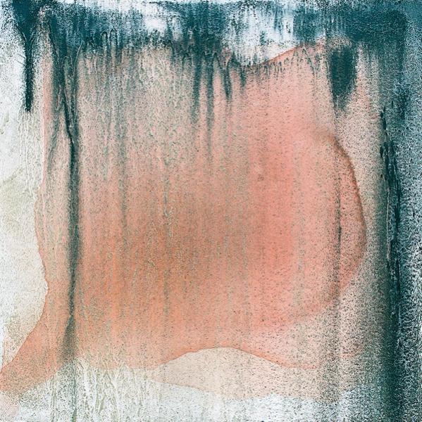 Hushang Omidizadeh abstract painting peach coloured surface overpainted with blue-grey coarse-grained paint dripping from above
