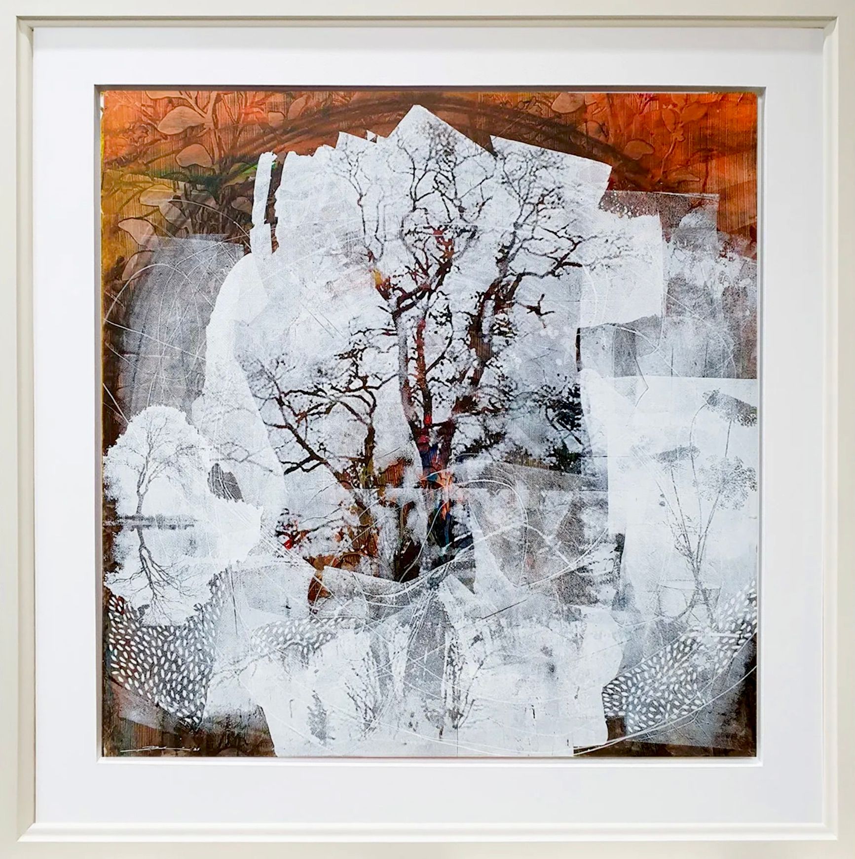 Dieter Nusbaum abstrakte Malerei Siebdruck Baum ohne Blätter und wild Blumen Illustration Natur Formen