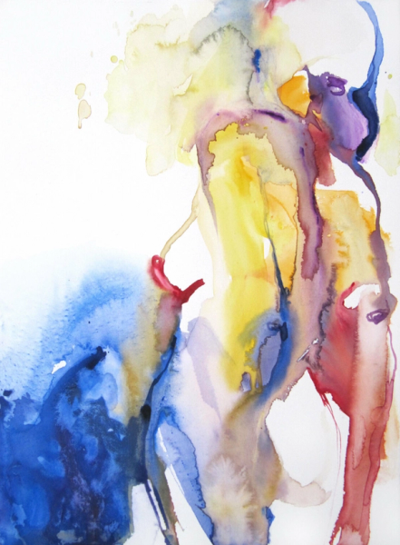 Sylvia Baldeva's "Vers la mer" zeigt ein Aquarell, semi-abstraktes gemaltes Aktgemälde. Verführung, Frau, Weiblichkeit, Meer, Silhouette, weiblicher Körper, Expressionismus, Aquarell auf Canson®-Papier