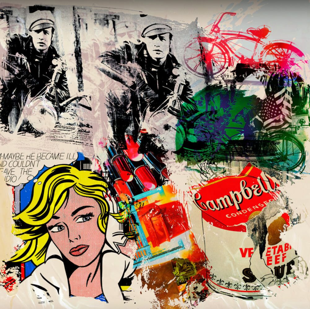 Jürgen Kuhl abstrakte Collage Popart Frau Campbell Dose 