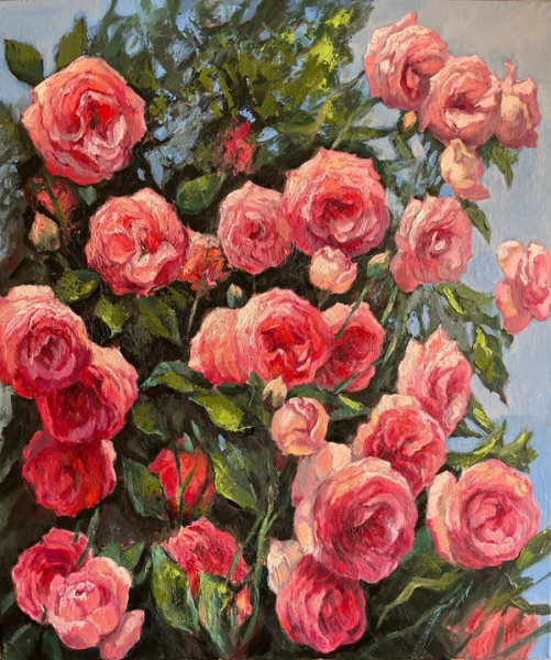 Anna Reznikova's "Summer Glimpse" painting shows, with voluminous strokes in impression technique and painted with brushes on the canvas gorgeous rose bush flowers. The flowers are pink, rose and red, with light green leaves.