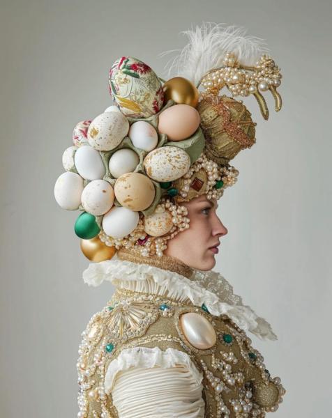 Le portrait généré par l'IA de Bonny Carrera « Easter 2024 » montre une jeune femme avec un chapeau décoratif en forme d'œuf de Pâques. 