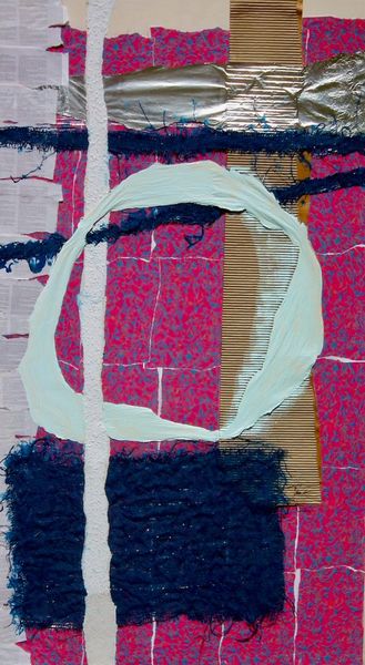Ronny Cameron abstract painting jute and paper shapes in pink dark blue and white