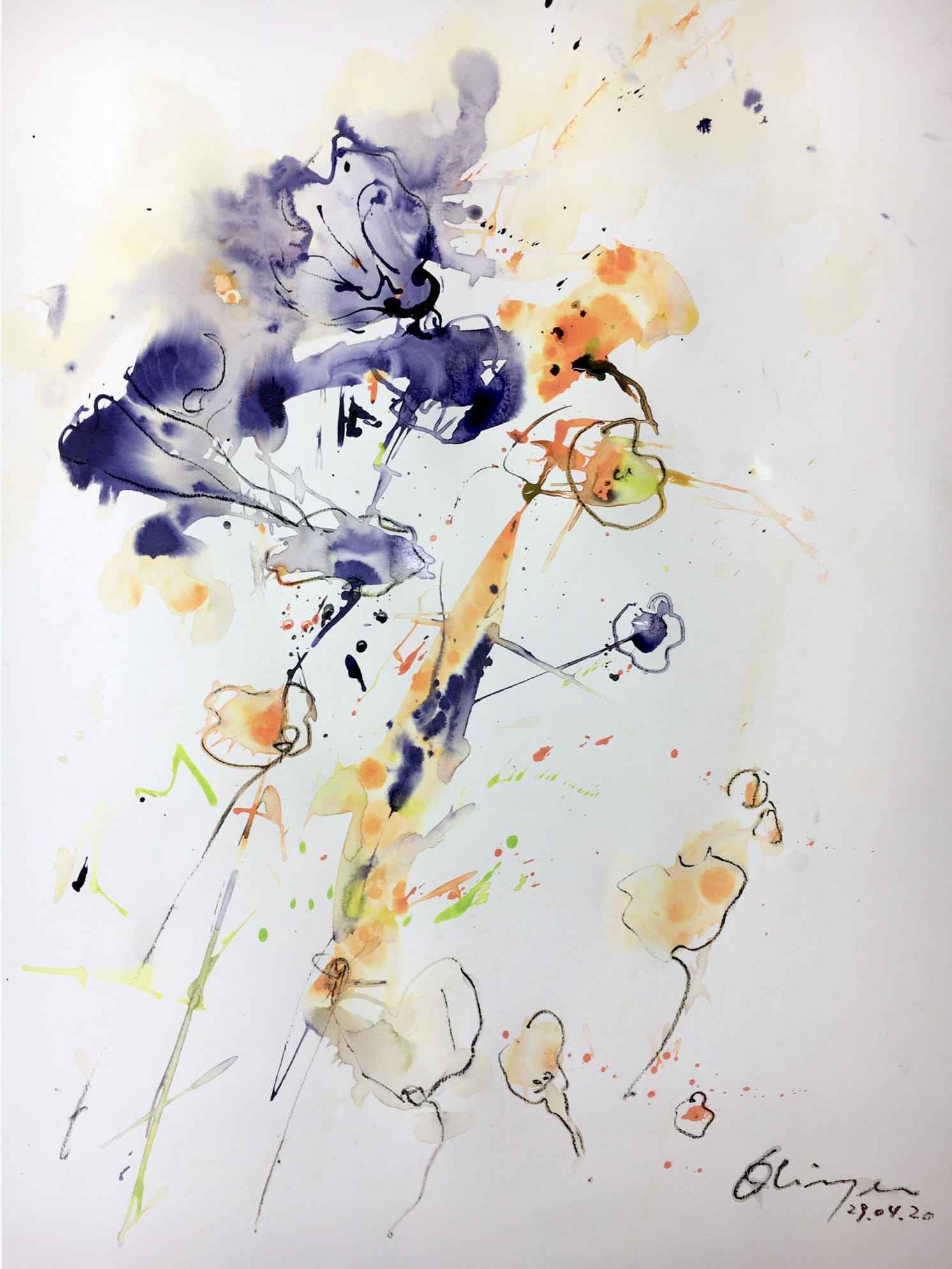 Marie-Paule Olinger abstrakte Klecks Malerei lila orange Blume