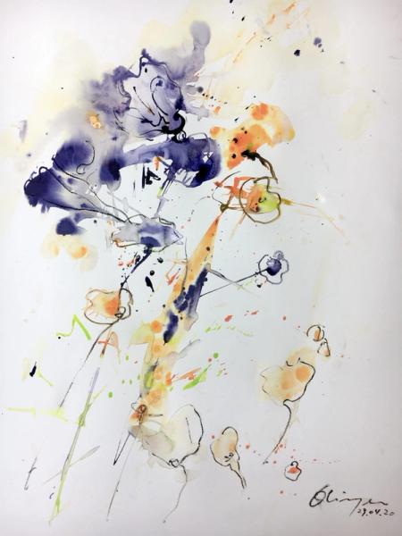 Marie-Paule Olinger abstrakte Klecks Malerei lila orange Blume
