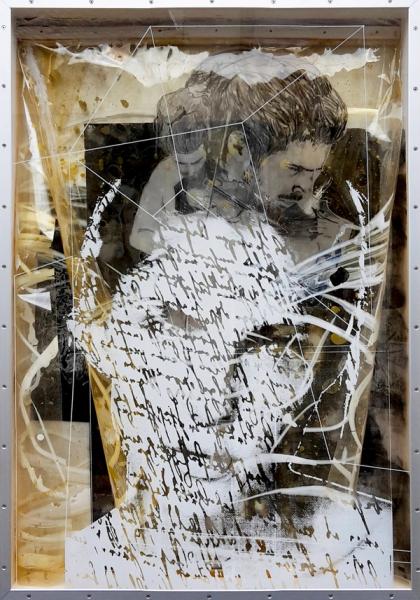 Dieter Nusbaum abstract painting women portrait overlay with typography