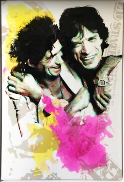 Jürgen Kuhl abstrakte Malerei Siebdruck Mick Jagger und Keith Richards mit Farbflecken