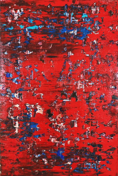 Svitlana Andriichenko ist eine Ukraine/Deutsche Malerei-Künstlerin. "Red Zone. A32" ist ein abstraktes Bild. Rot sind die dominierende Farben.