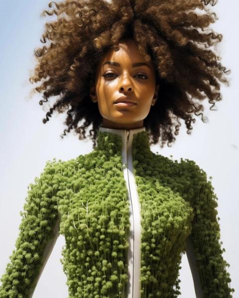 Bonny Carrera's KI generiertes Porträtbild "Peas Fashions" zeigt eine Frau mit Afrolook Haare und Kräuter Outfit.
