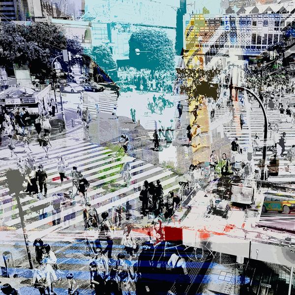 Ute Bruno Digital collage Japan city centre with many people zebra crossing overlay black and white