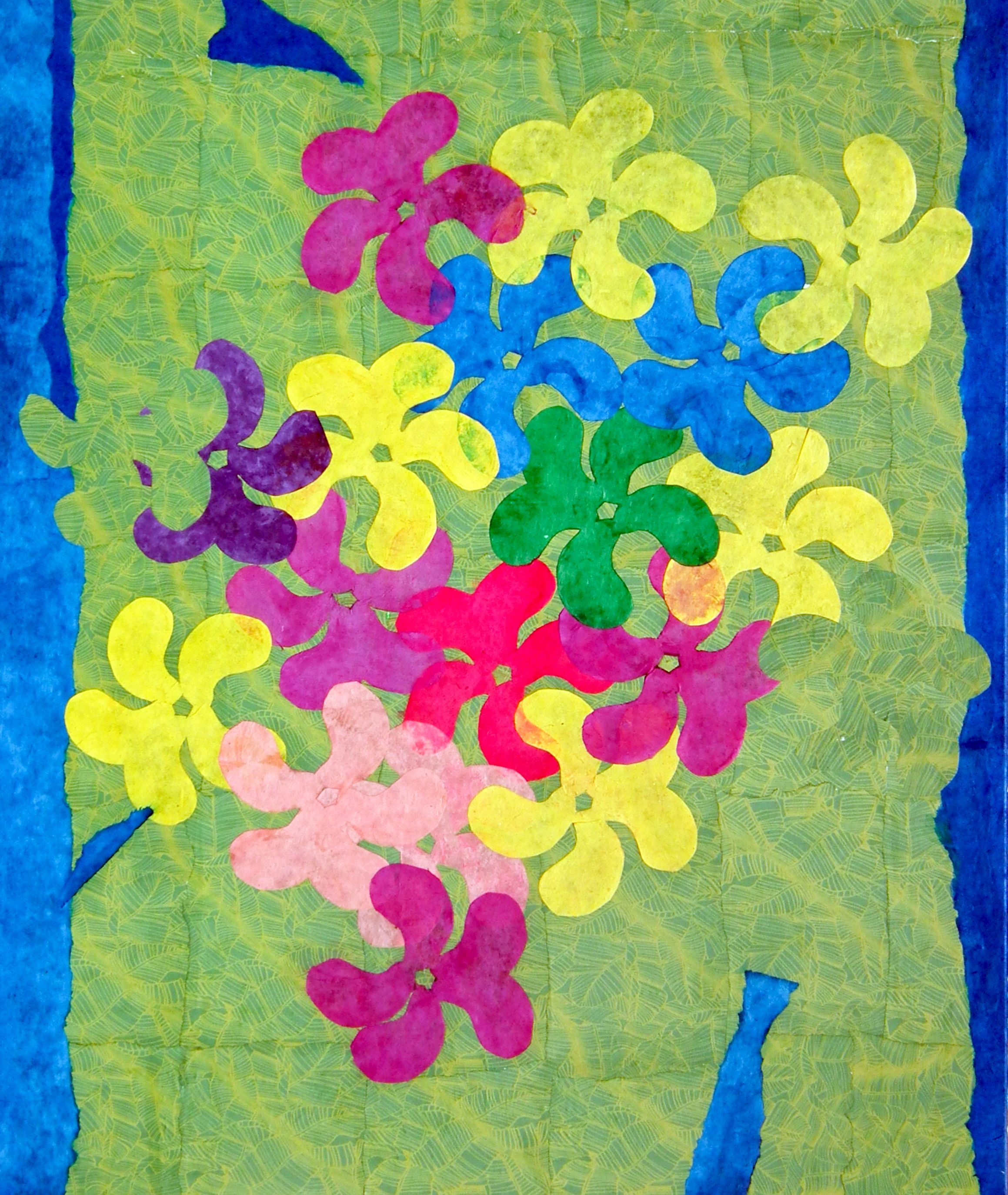Ronny Cameron's "Mother's Day" figurative abstrakte Malerei zeigt farbenfrohe Blumen aus Papier und Leinwand