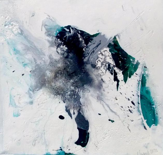In Christa Haack's "The naming of visible things" expressionist, abstract, painting, seemingly exploding colours dominate green, black, and white on a grey-alt-pink background.