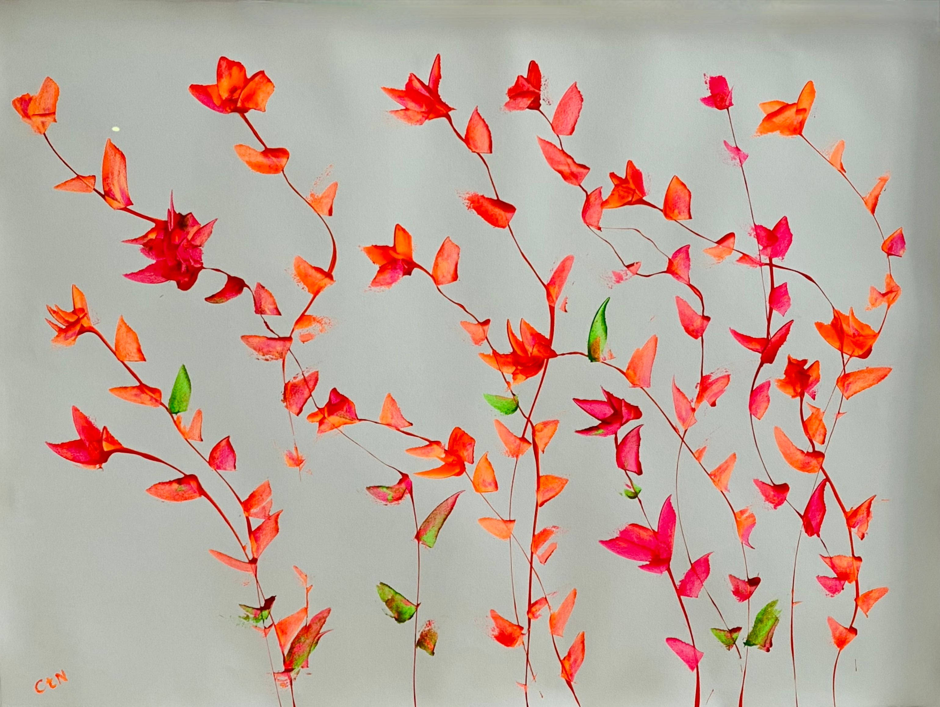 罗尼-卡梅伦的抽象画 黄麻和纸的形状，粉红色，深蓝色和白色