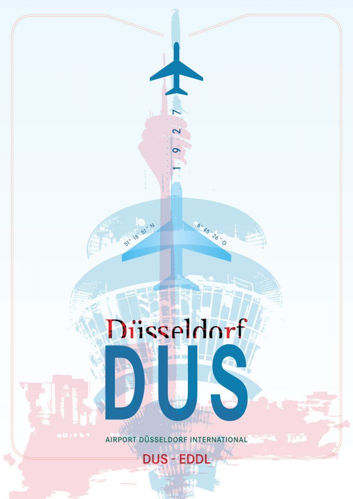 Jörg Conrad Illustration Düsseldorf Flughafen mit Flugzeug und Fernsehturm
