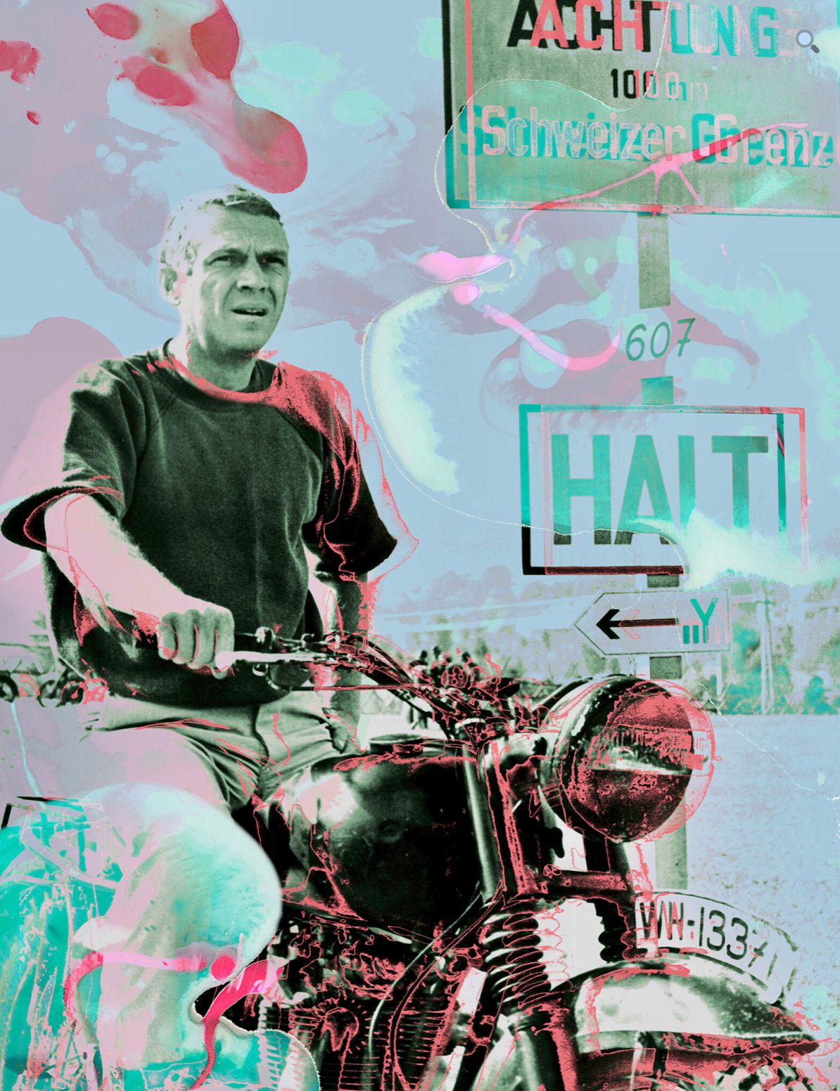 Nathali von Kretschmann的绘画构图男子在城市的摩托车上叠加颜色