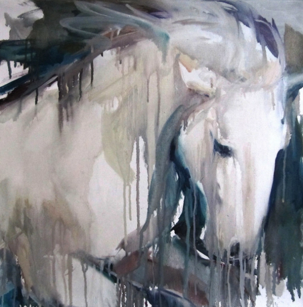 Sylvia Baldeva's "Cheval au galop" zeigt ein, semi-abstraktes gemaltes Ölgemälde.  Galoppierendes Pferd, Freiheit, wilde Natur.