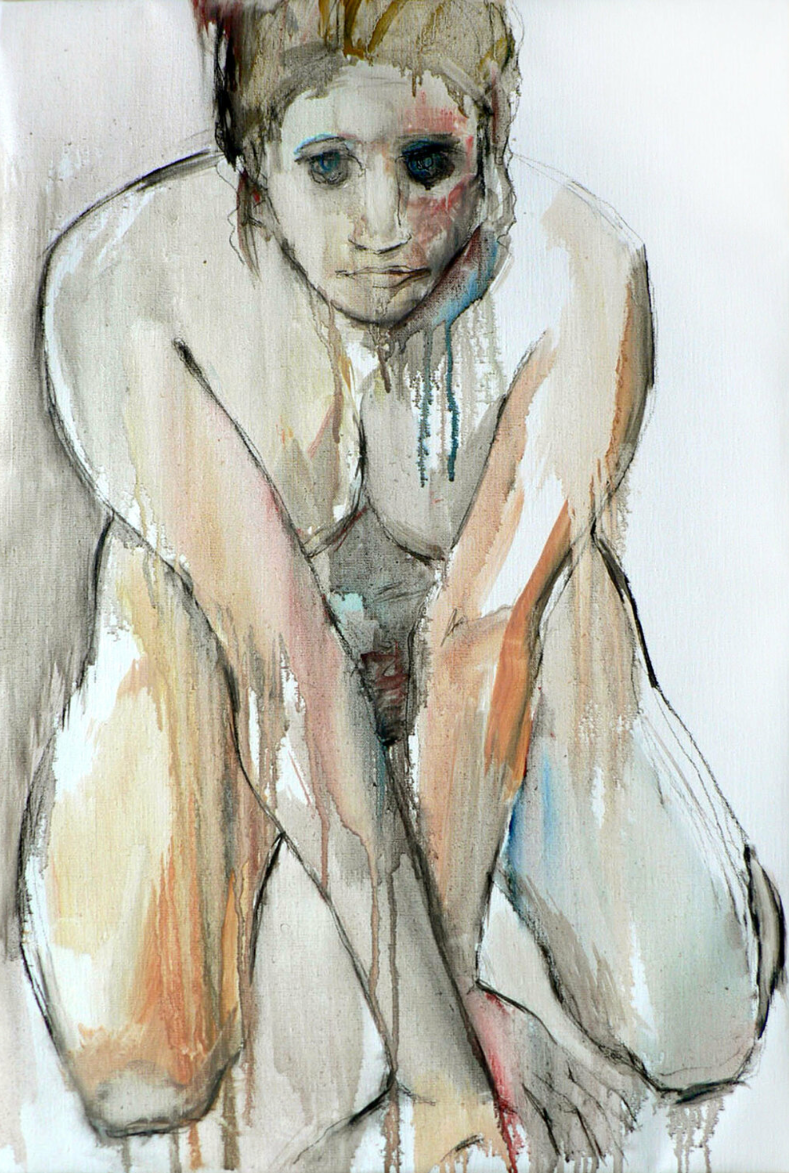 Instinct animal" de Sylvia Baldeva montre une peinture à l'huile de nus semi-abstraite. Femme, nue, posant, agenouillée.