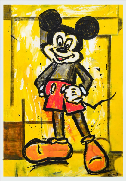 Cristina  Golovat's "Mickey Mouse on a yellow abstract background" farbenfrohes Gemälde von Micky Maus überwiegt in den Farben Gelb und Rot.