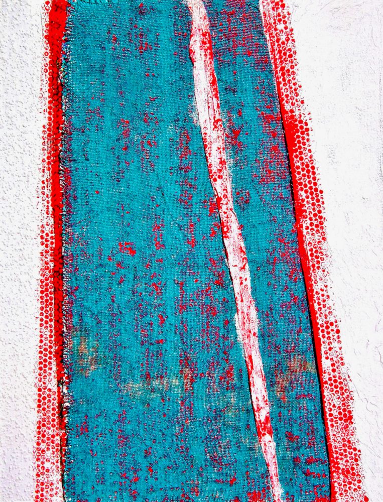 Ronny Cameron abstrakte Malerei blaue und rote vertikale Streifen auf weißen Hintergrund