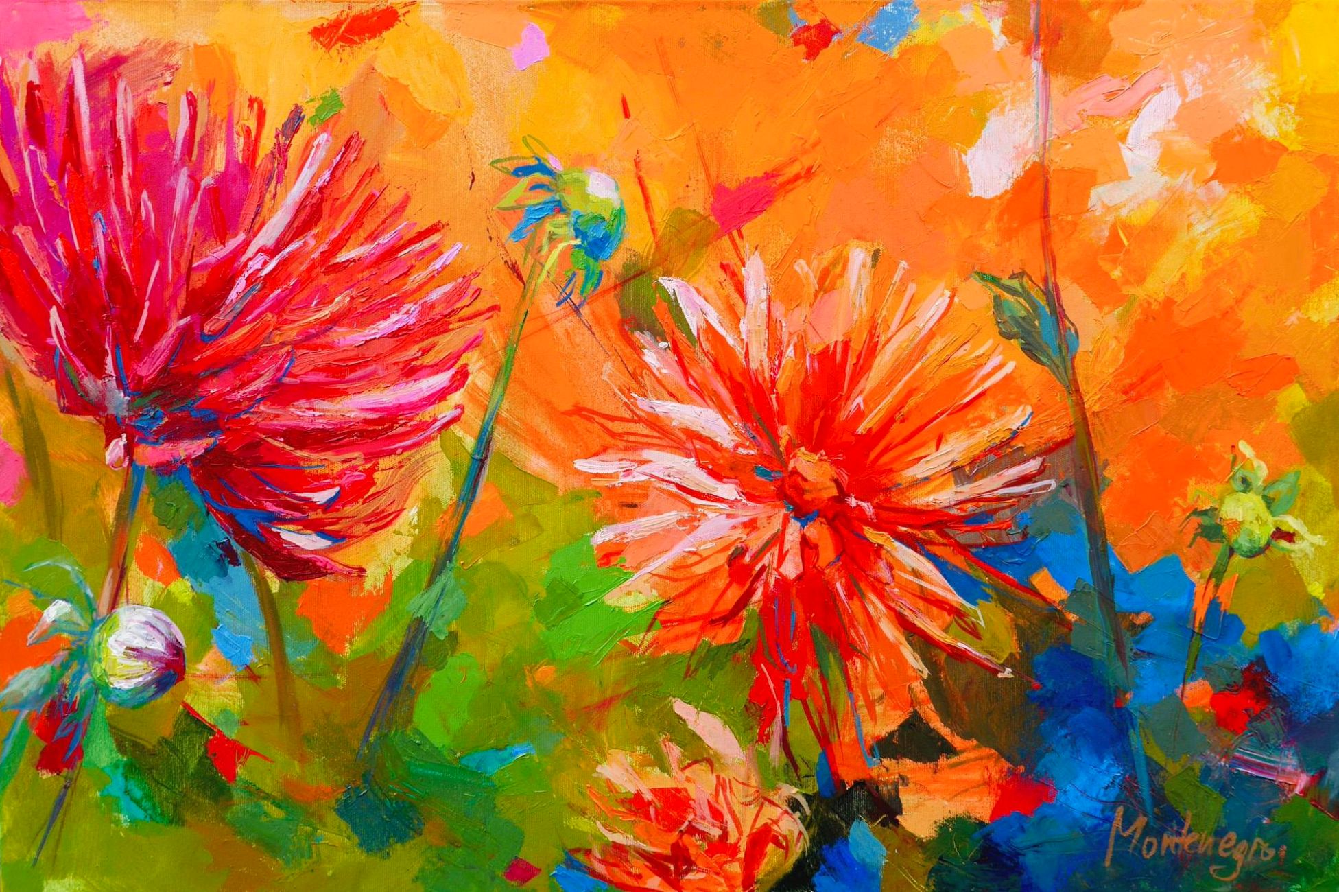 Miriam Montenegro pintura expresionista naranja flores rojas con fondo colorido