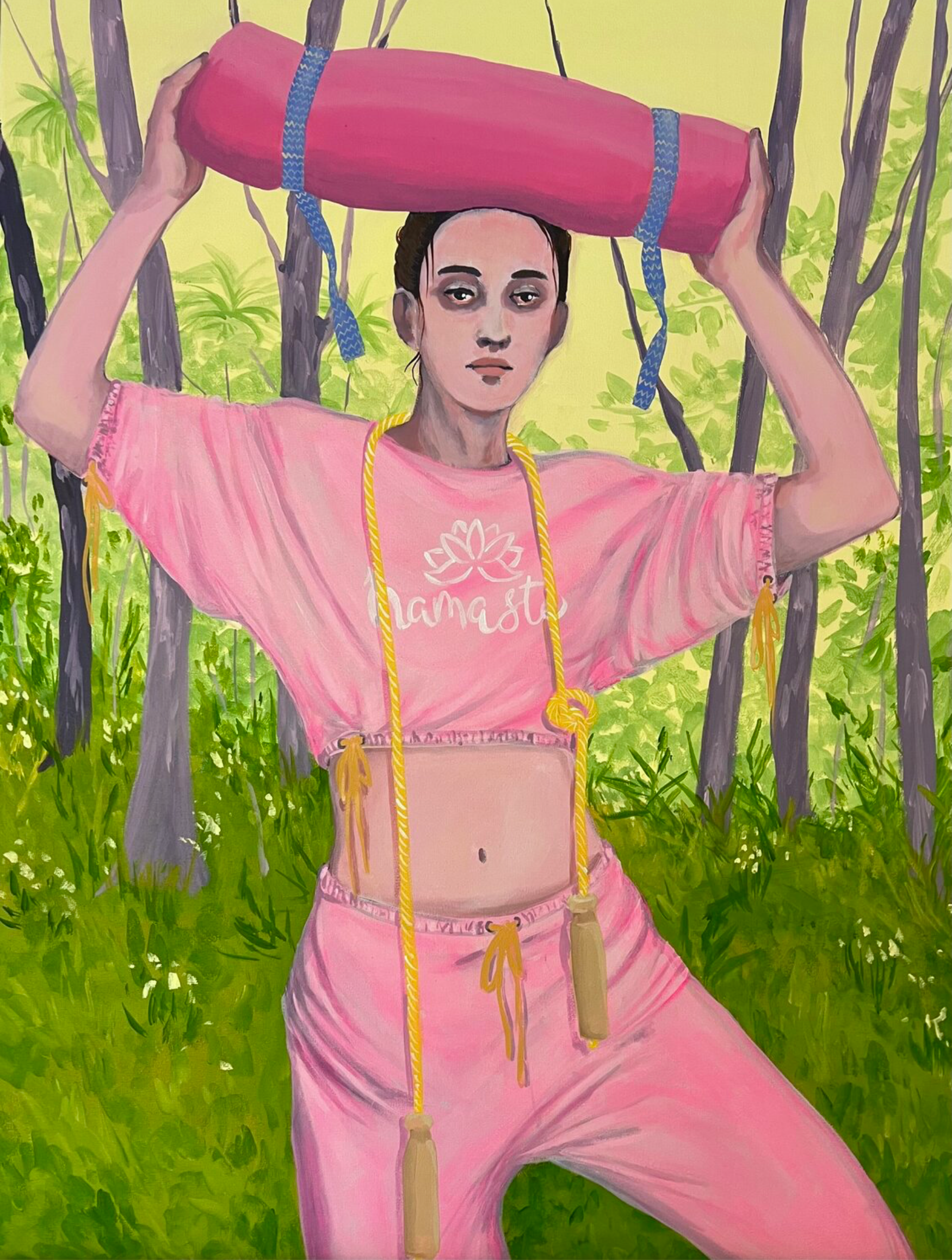 Vanessa van Meerhaeghe ist eine in Brüssel ansässige Malerin. Ihr Frauenporträt Gemälde "Namaste!" zeigt ein atemberaubendes Porträt einer jungen Frau in einem rosa Yoga-Outfit, die ihre passende rosa Yogamatte in der Hand hält.