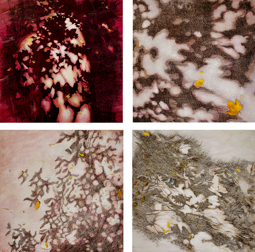 Maria Pia Pascoli abstrakte Malerei vier Teilig Baum Blätter Schatten