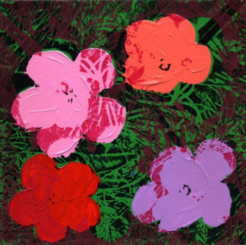 Jürgen Kuhl Siebdruck Malerei minimalistische rosa rote Blüten auf grünem Hintergrund