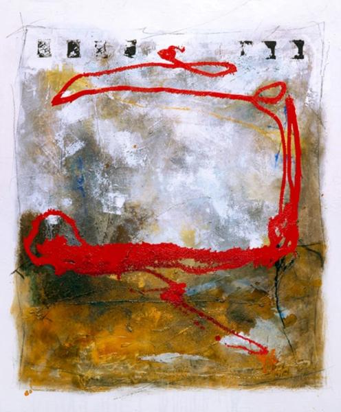 Martina Chardin abstrakte Malerei Ocker weiße Fläche mit roten Pinselstrich Akzent