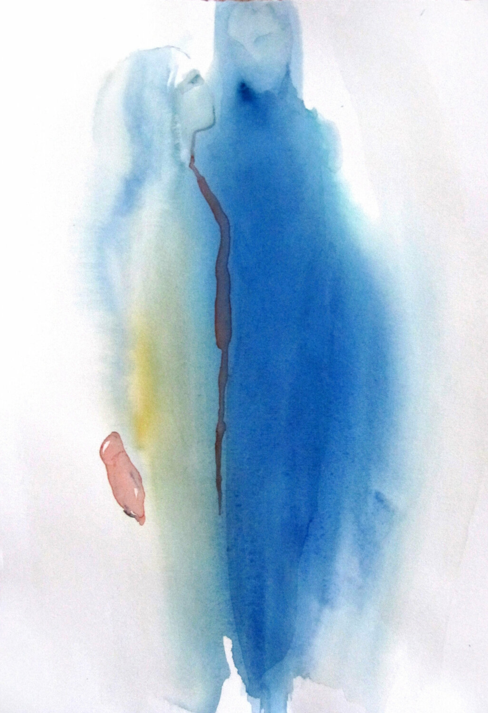 L'"Inspiration" de Sylvia Baldeva montre une aquarelle, peinture semi-abstraite. Couple, transcendance, métaphysique, couleur bleue.