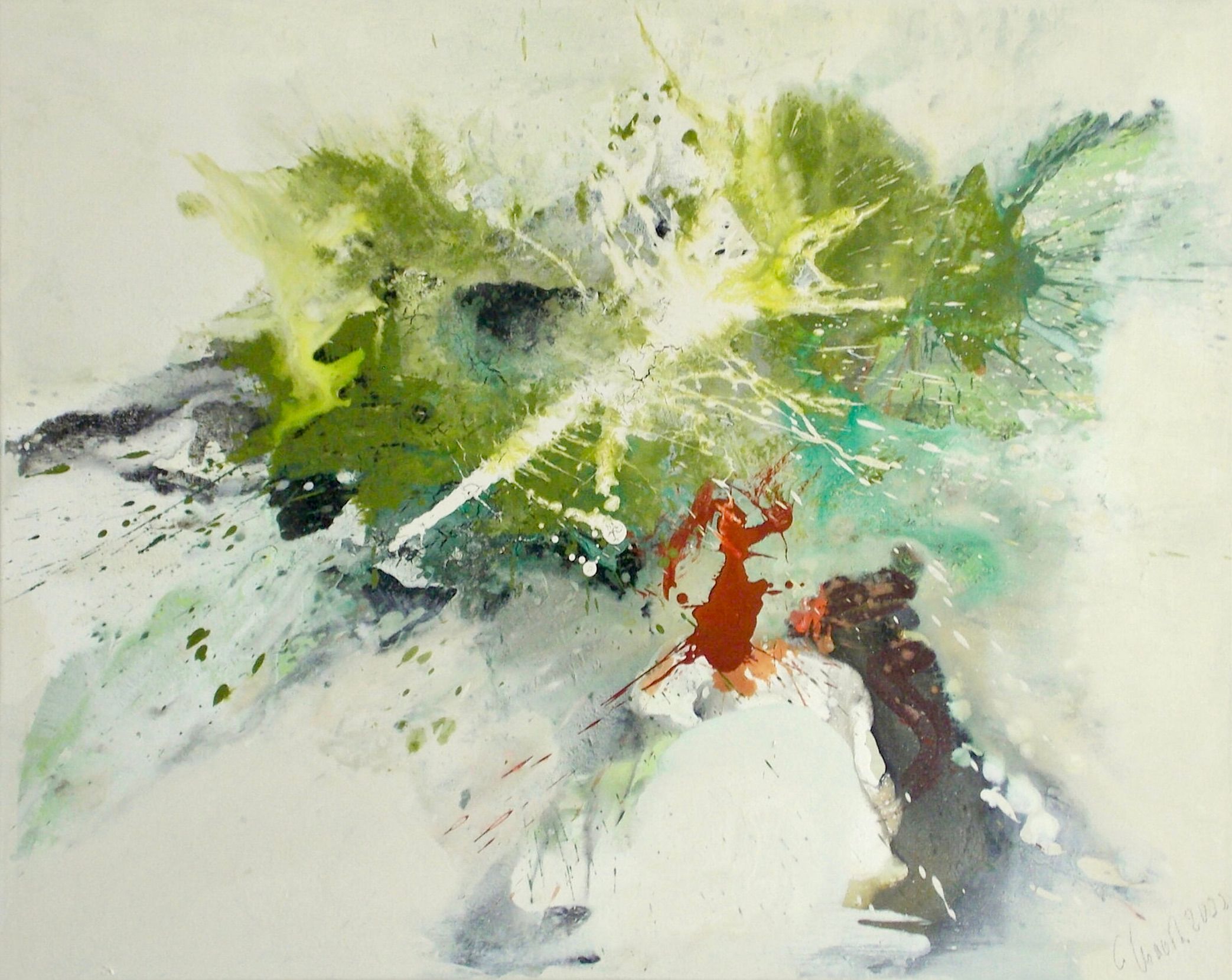 Nel dipinto espressionista, astratto e colorato "Longing for Spring" di Christa Haack dominano i colori verde, turchese, beige e rosso.