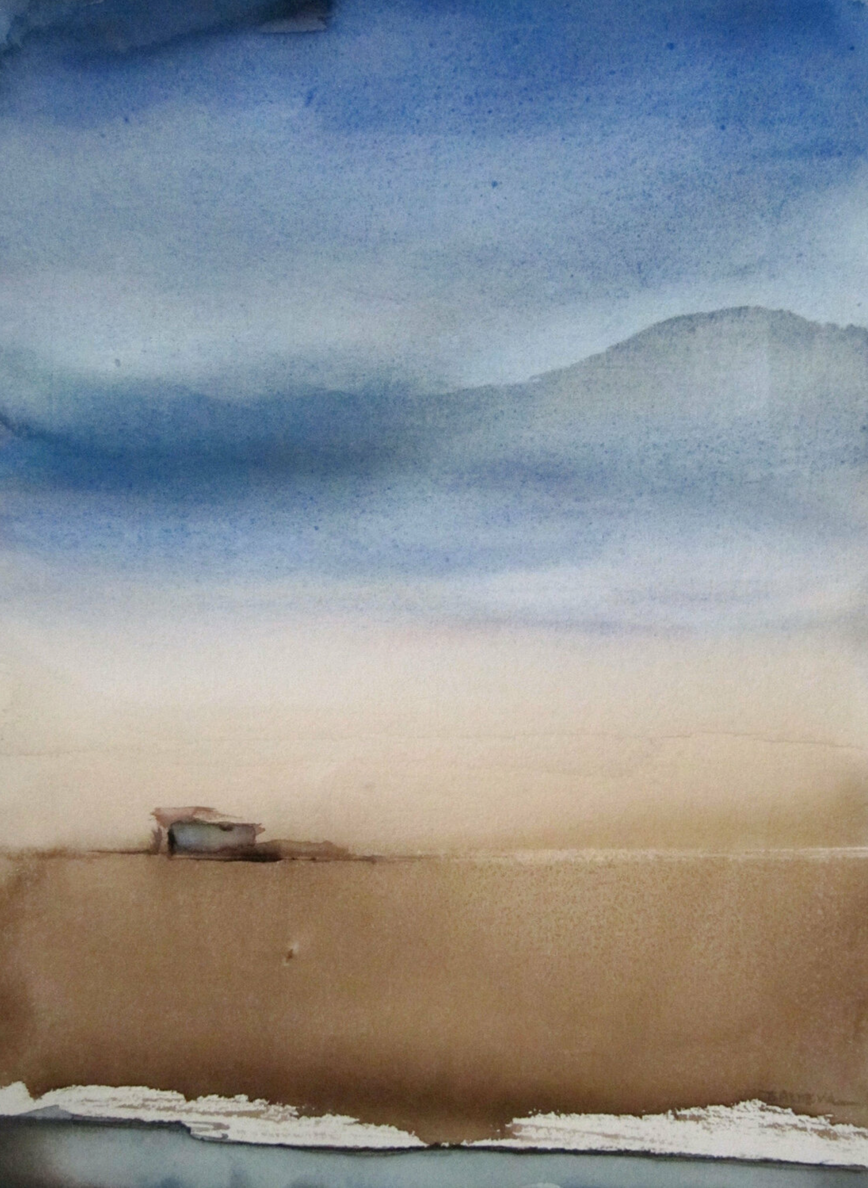 L'opera "Ligne d'horizon" di Sylvia Baldeva mostra un paesaggio, un deserto, una casa, una terra e un cielo acquerellati su carta Canson®. Colore blu e marrone.