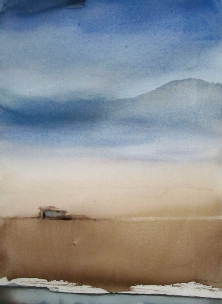 Sylvia Baldeva's "Ligne d'horizon" zeigt eine Landschaft, Wüste, Haus, Land und Himmel Aquarell auf Canson®-Papier. Farbe Blau und Braun.