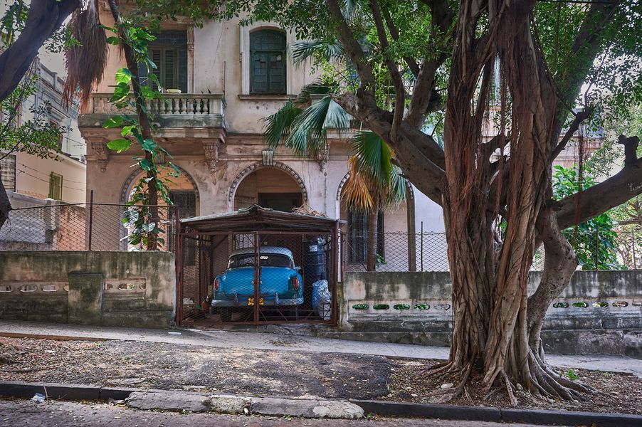 Joe Willems photography blue vintage car in cage garage in front of old abandoned mansion with huge exotic tree