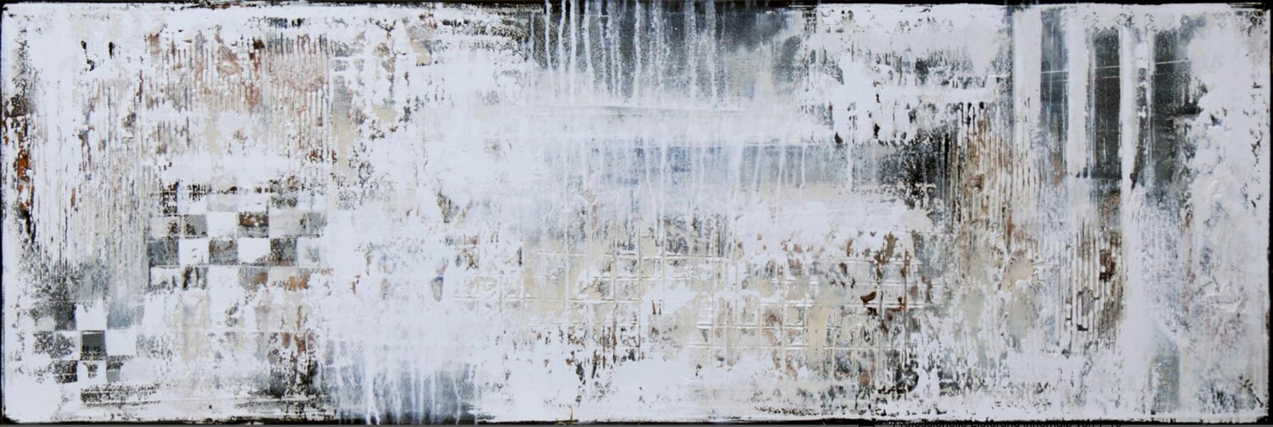 In Inez Froehlich's "Rocky Mountain" abstract pastel painting the colours dominate, antique white, black, grey, ochre. The style of the painting is shabby chic, industrial style, vintage, retro.