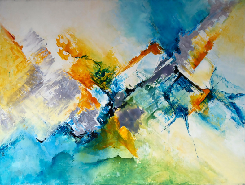 Françoise Dugourd-Caput's "Ossau Iraty" abstraktes Gemälde zeigt  Abstraktion, die an einen leuchtenden Berg des Baskenlandes erinnert, daher der Titel, das Blau des Himmels, das Orange der Früchte und Blumen, das Gelb der Sonne, das Grün der Wiesen und die grauen Spitzen der Berge