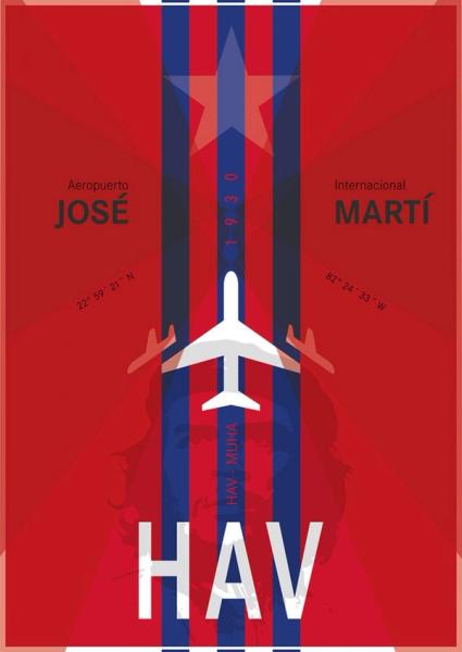 Jörg Conrad illustration typography Havana Jose Marti airport with Cuban flag