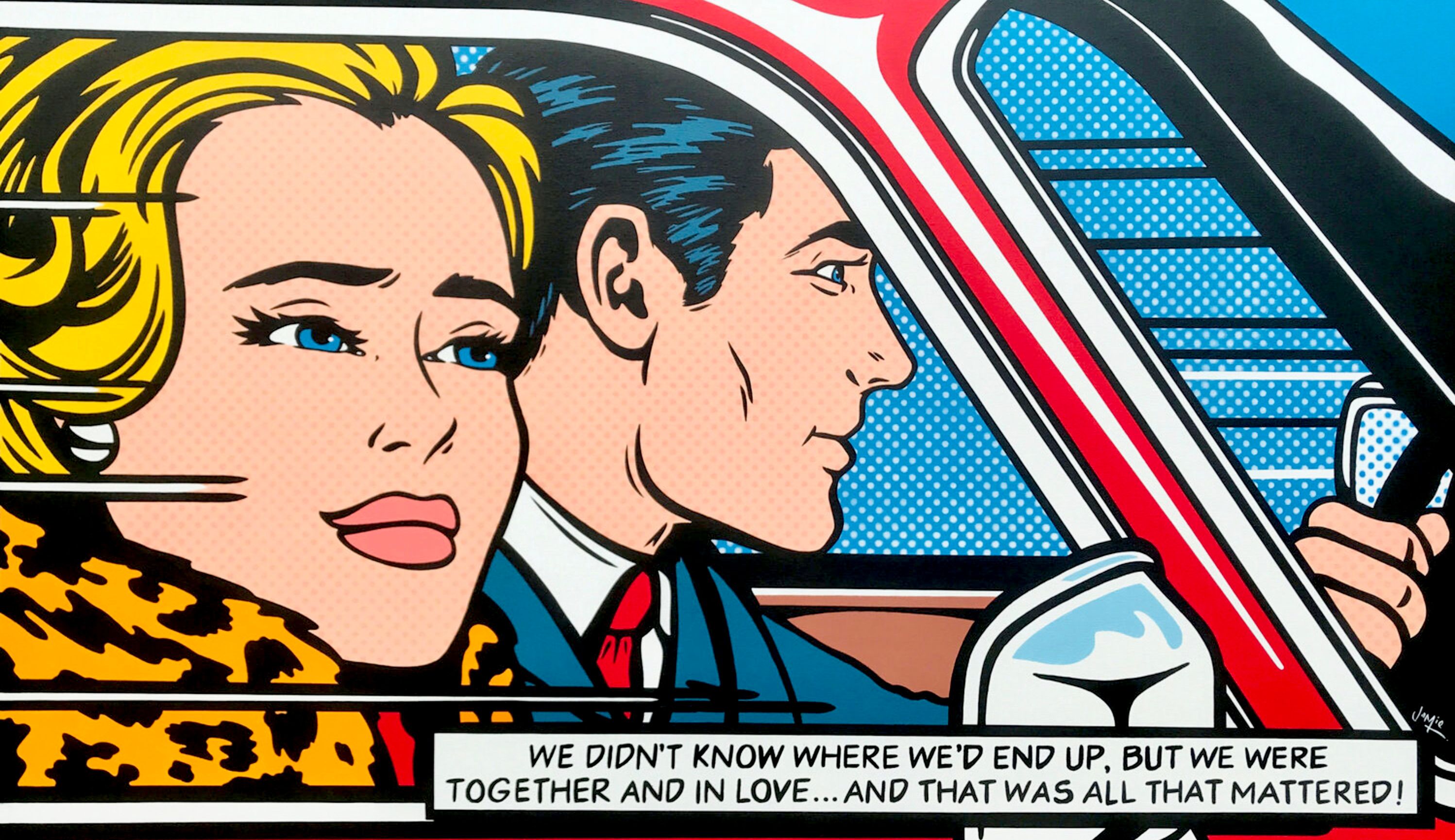 杰米-李的 "冒险 "流行艺术画，采用漫画风格，原创设计了一对年轻夫妇。想象一下利希滕斯坦的画作《在车上》之后的下一个场景。漫画风格的原创流行艺术画，画的是一对相爱的年轻夫妇去公路旅行。