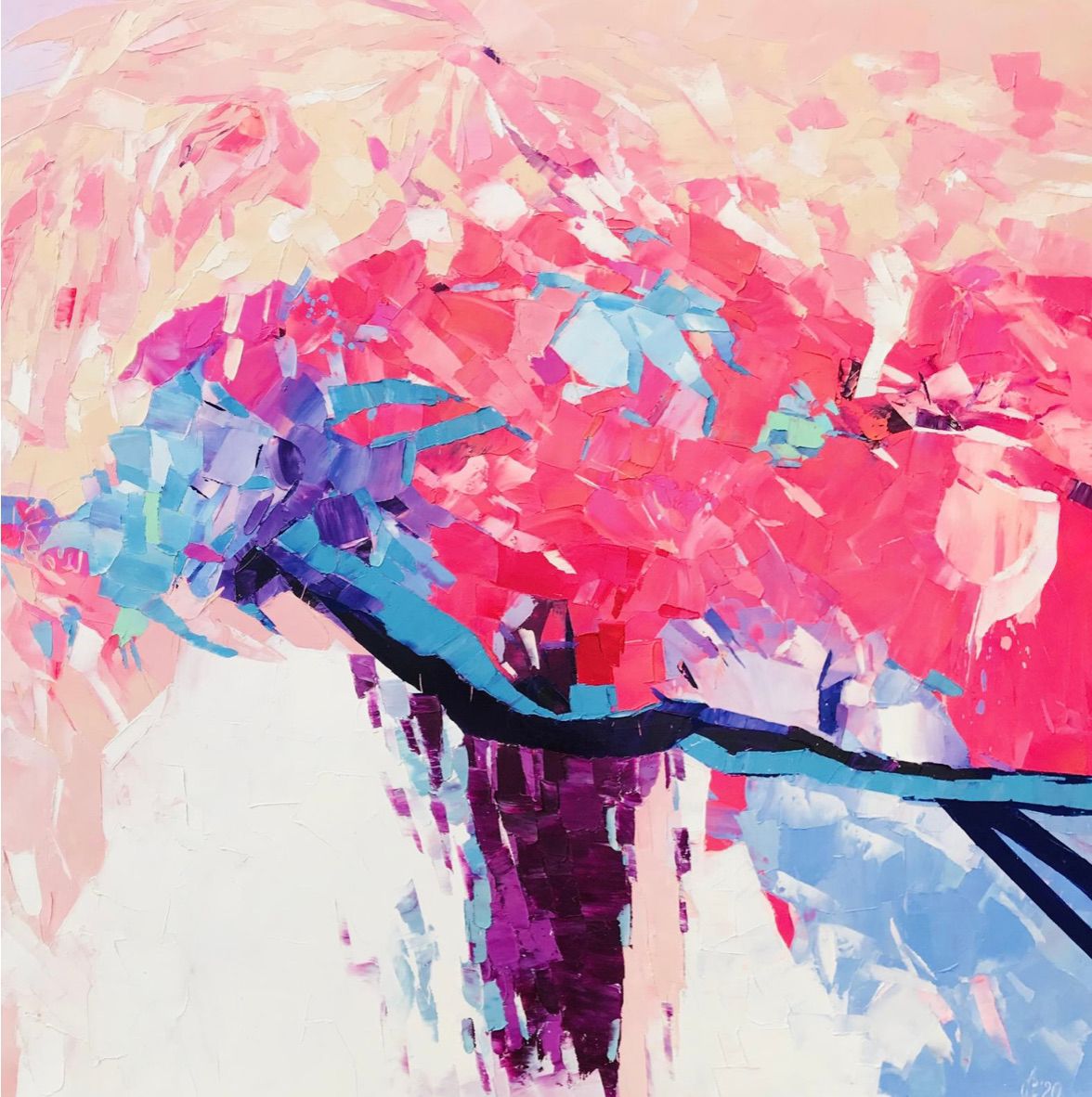 Svitlana Andriichenko ist eine Ukraine/Deutsche Malerei-Künstlerin. "Road to Pink Mountains" ist ein abstraktes buntes Blumenbild.
