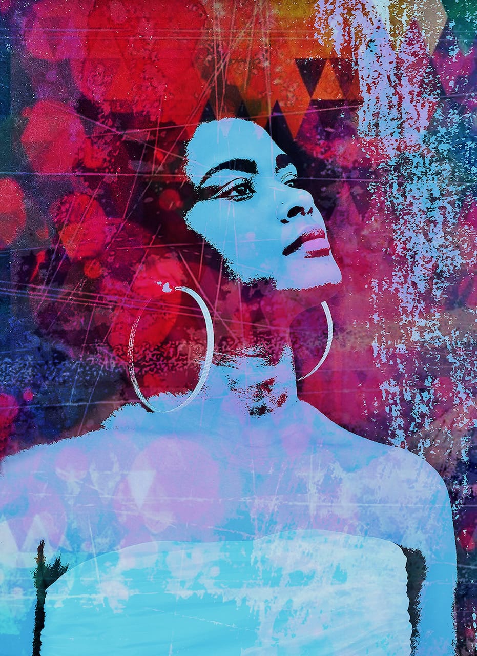 Ute Bruno pittura digitale astratta ritratto di donna con creoli sovrapposizione di forme colorate