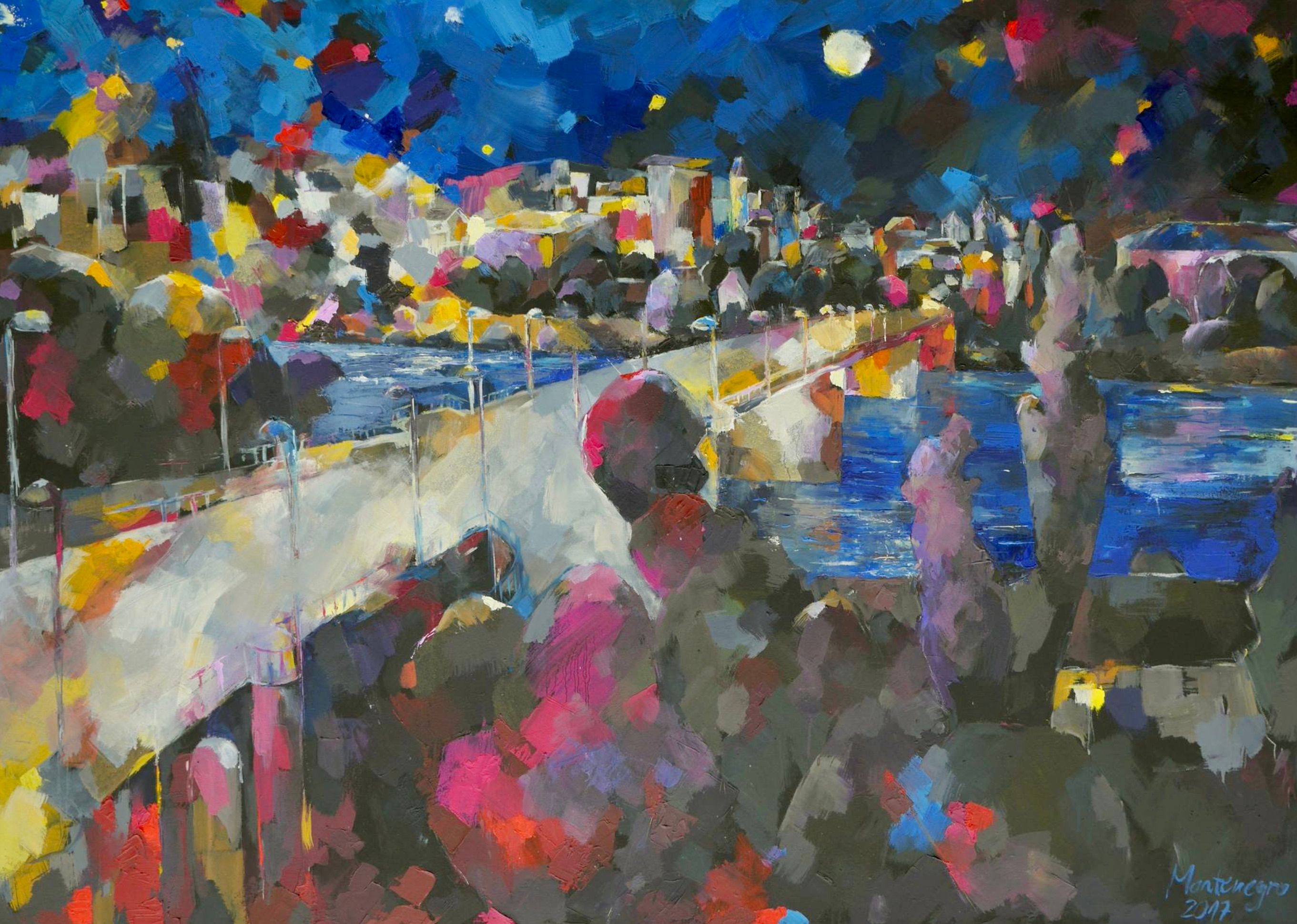 Miriam Montenegro Pintura expresionista Ciudad de noche con puente sobre el río