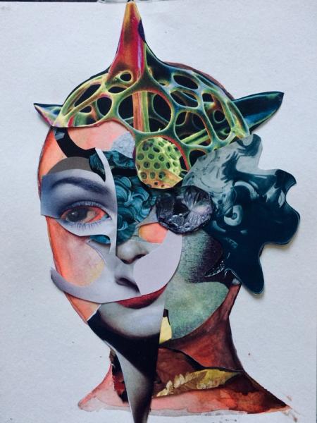 Norika Nienstedt ist eine Deutsch-Künstlerin, die überwiegend mit analogen Collagen arbeitet. Das Bild "Das Auge hat Ausgang" ist eine analoges Collagen Porträt.
