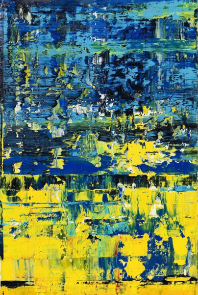 Svitlana Andriichenko ist eine Ukraine/Deutsche Malerei-Künstlerin. "A meeting. A33" ist ein abstraktes Bild. Gelb und Blau sind die dominierenden Farben.