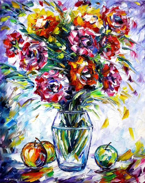 Mirek Kuzinar expressionistische Malerei Rosen in Vase und Äpfel auf Tisch