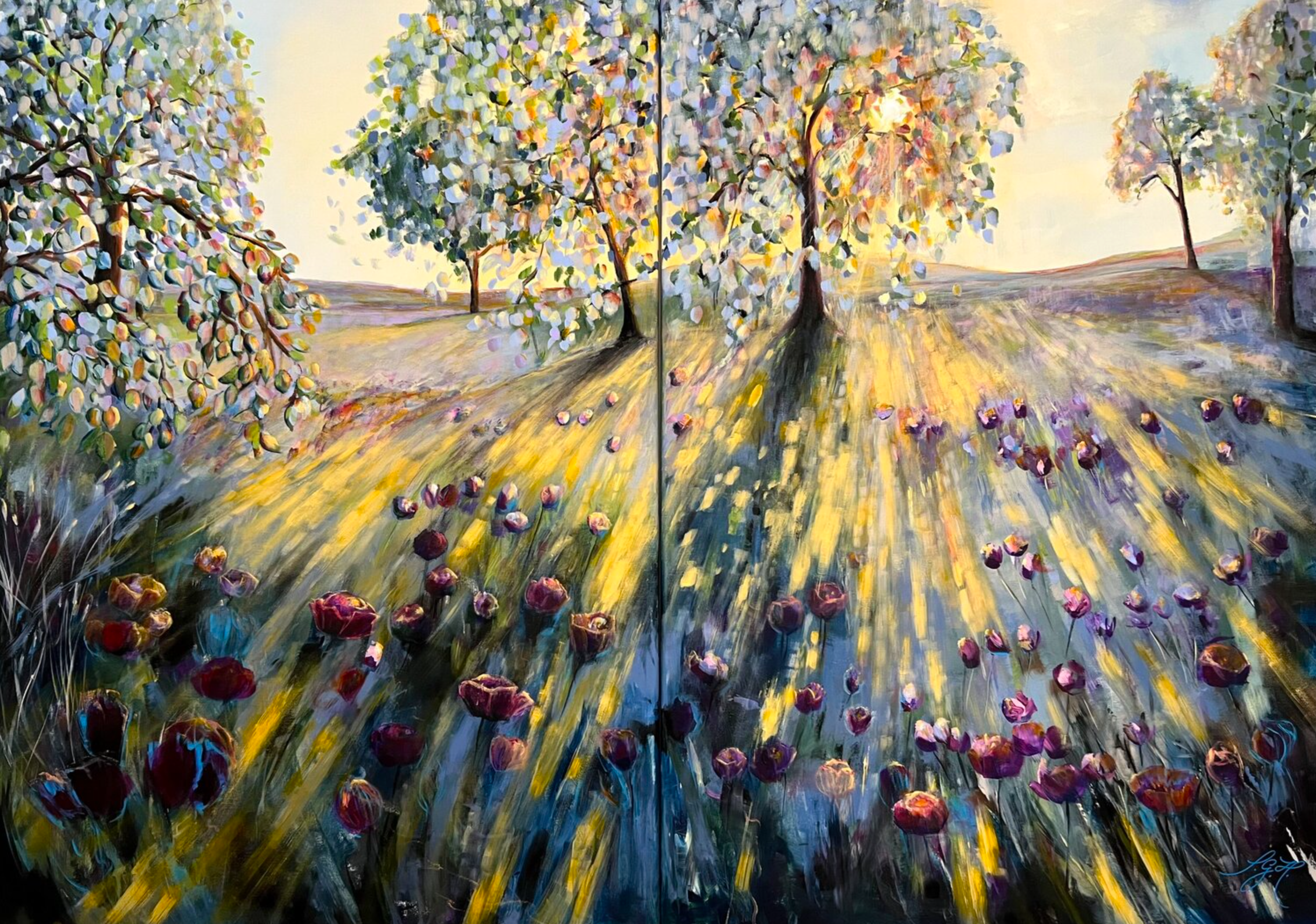 Sandra Gebhardt-Hoepfner的 "在阳光下行走 "包括2幅彩色画作。阳光照耀在明亮的田野上。树木的叶子在阳光的照耀下变成了橙色、黄色。深吸一口气，注意到这一时刻，是......。现在和这里。颜色有绿色、黑色、深蓝色、浅黄色、暖黄色、深粉色、粉红色、白色、浅蓝色、丁香蓝、浅绿色、蓝色和灰色。