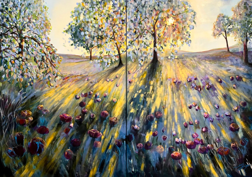 Walking On Sunshine" de Sandra Gebhardt-Hoepfner comprend 2 tableaux aux couleurs vives. Le soleil brille sur des champs lumineux. Les feuilles des arbres se teintent d'orange, de jaune sous la lumière des rayons du soleil. Respirer profondément et percevoir le moment et être ... maintenant et ici. Les couleurs sont le vert, le noir, le bleu foncé, le jaune clair, le jaune chaud, le rose foncé, le rose, le blanc, le bleu clair, le bleu lilas, le vert clair, le bleu et le gris.