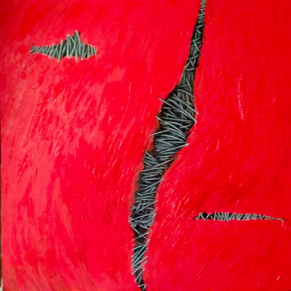 Maria Pia Pascoli abstrakte Malerei rote Fläche mit gestickten Stellen