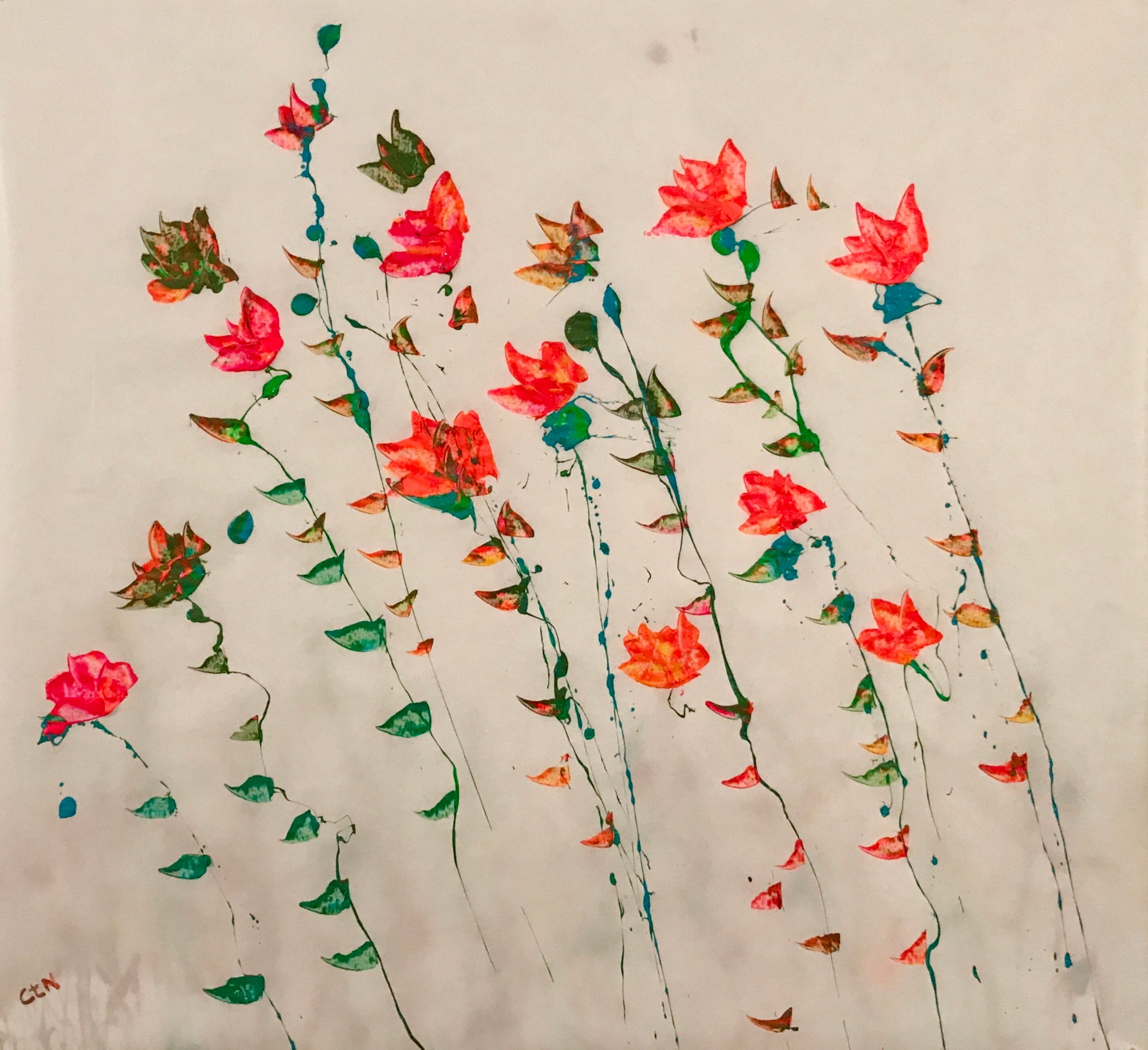 Ronny Cameron peinture abstraite jute et papier moulé en rose bleu foncé et blanc