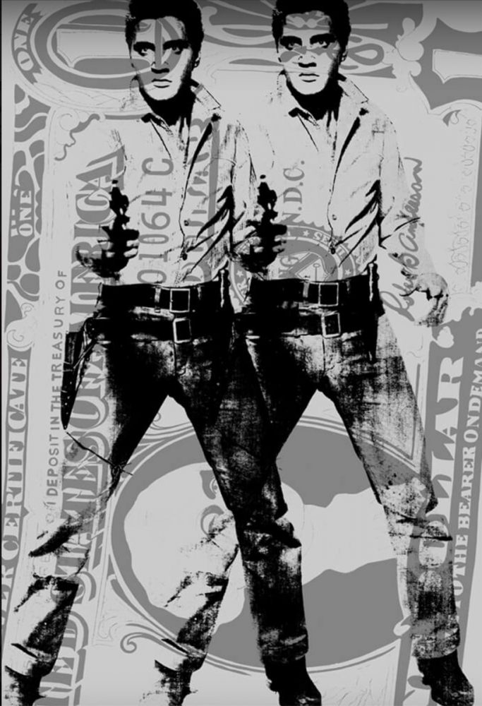 Jürgen Kuhl Siebdruck Illustration Elvis Presley mit Revolver und Überblendung Dollar Note