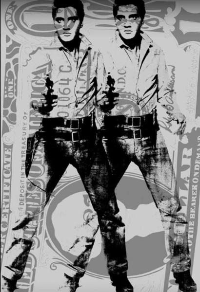 Jürgen Kuhl silkscreen illustration Elvis Presley with revolver and superimposition Dollar Note