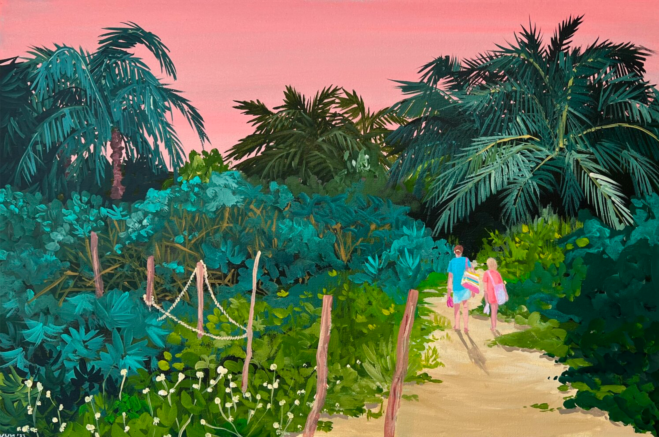 Vanessa van Meerhaeghe ist eine in Brüssel ansässige Malerin. Ihr Gemälde "The end of the day" zeigt wie die Sonne hinter dem Horizont verschwindet, erstrahlt der Himmel in einem orange-rosa Abendlicht. Vor diesem Hintergrund reisen zwei entfernte Figuren – eine Frau und ein Mädchen – vom Strand zurück.
